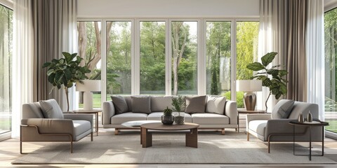 Fototapeta premium Elegant living space with ivory white walls, grey furniture, and natural wood accents. Sunlight floods in through expansive windows, offering garden views. Harmonious color palette exudes tranquility