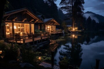 Mountain Cabins in the Heart of Wilderness Overlooking a Pristine Lake Under a Sky Full of Stars