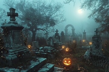 Experience the eerie ambiance of a nighttime cemetery adorned with Halloween pumpkins. Dive into the spooky atmosphere with jack-o'-lanterns casting eerie glows under the moonlight.