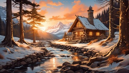 Beautiful and cozy fantasy log cabin in a winter forest next to a rocky path and a babbling stream. Stone wall. Mountains in the distance. with a beautiful sunset