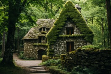 Fototapeta premium A Glimpse into the Past: A Rustic Monolithic Stone House Amidst a Verdant Forest