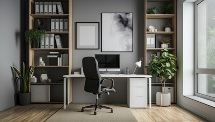 Contemporary home office: white desk, black chair, natural wood shelves. Clean workspace, professional vibe. Wood shelves add warmth and storage. Grey walls with minimalist art promote focus.