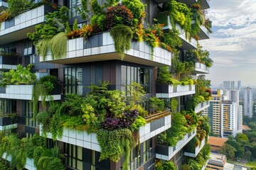 An ecofriendly highrise apartment, equipped with vertical gardens and energygenerating windows