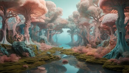 Pink trees and a peaceful water element in a beautiful forest setting. Generative AI