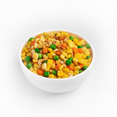 Corn, green peas and carrots stir fry, Chinese food, on a white background, isolate