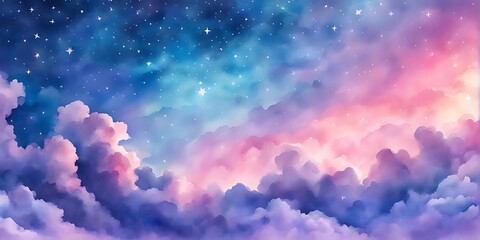 Watercolor sky with clouds and stars, dreamy, soft blue purple and pink color background , banner	