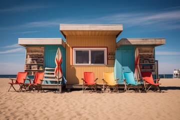 A Quaint Seaside Food Stand with Brightly Colored Surfboards Resting on Its Wooden Structure