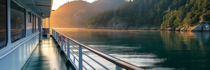 Cruise ship deck view with serene waters and a forested coastline during golden hour - Powered by Adobe