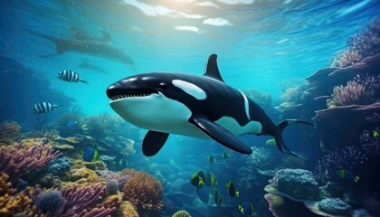 The Orcinus Orca in the ocean, portrait of Orca hunting prey in the underwater