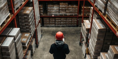 Fototapeta premium Person with a red safety helmet stands in a warehouse aisle full of inventory on shelves