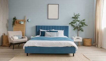 Sky blue or pale pastel tone bedroom with a blue navy bed. Empty painted wall canvas art. Mockup light background interior design rich home or hotel. Accent color trend. 3d rendering
