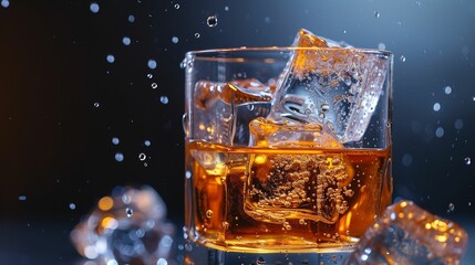 Glass of Whiskey With Ice Cubes on Table