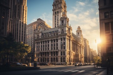 Naklejka premium An Imposing Classic Courthouse Towering Over a Busy Urban Landscape Under the Soft Light of Dusk
