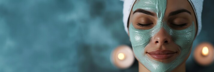 Close-up of a woman's face with a facial mask, relaxing at a luxurious spa