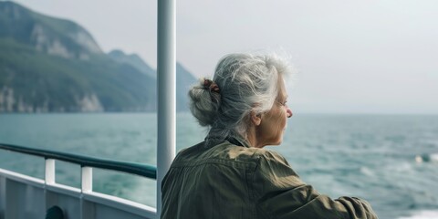 An elderly woman observed staring out at the sea from the deck of a ferry, shrouded in a misty atmosphere