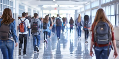 A bustling scene of high school students with backpacks walking down a school corridor, filled with youthful energy