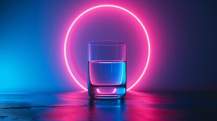 A half-full glass of water sits in front of a glowing neon pink circle