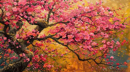 Highresolution oil painting of a Ratchaphruek tree in full bloom, showcasing rich, vibrant colors and detailed brushstrokes, traditional Thai flower imagery