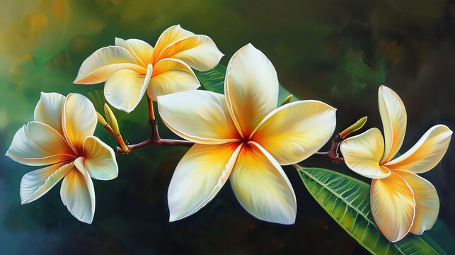 Highresolution oil painting depicting the elegant Frangipani in Thailand, with a focus on the depth of color and detailed texture in the petals