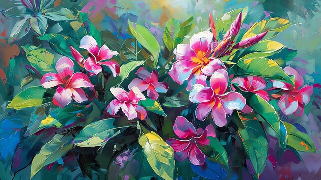Classic oil painting of Thailands native Bua Tong flowers, rendered in bright, eyecatching colors with fine, detailed brushstrokes against a lush background