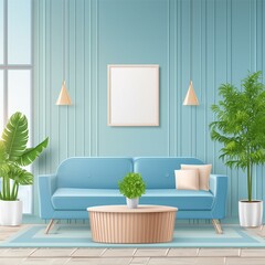 Pastel light color - interior accent. Sky blue of walls and furniture. Modern reception or lounge area of ​​the house. Living room interior mockup design. 3d rendering