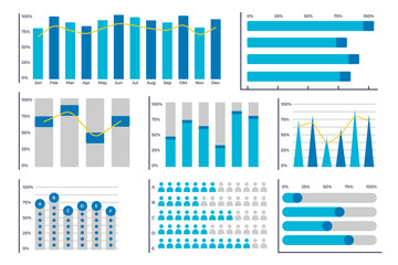 Vibrant graph and chart vector icons set for data visualization. Statistical analysis graphs design for data reports. Marketing, seo, research, strategy, business