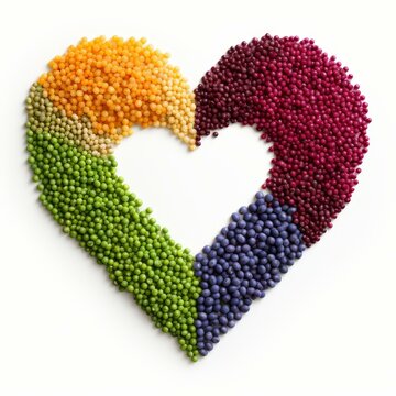 Colorful display of beans and grains shaped like a heart, isolated, Ai Generated