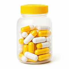 Description White pills in a yellow bottle on a white background, Ai Generated