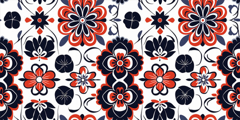 geometric pattern intertwining flowers with a religious theme, crafted in bold vector outlines. This floral art composition features vibrant hues of white, blue, red, and black