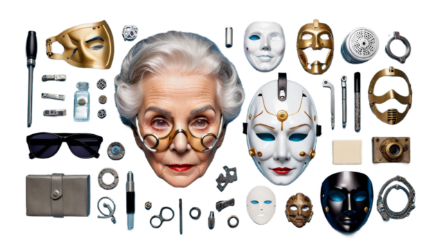 elderly cyborg mask ethics lady portrait grotesque artificial intelligence moral ethical issue star war character free digital art artwork older female ugly face green screen cloak eye alien head