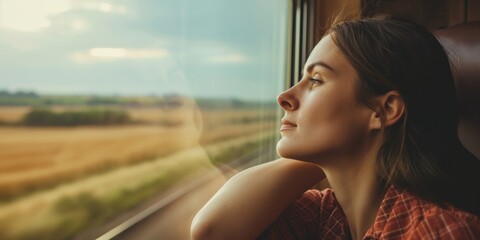 Peaceful close-up of a woman looking thoughtfully out of a train window