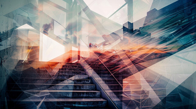 Geometric staircase overlaid with a modern art pattern in a double exposure image. - Powered by Adobe