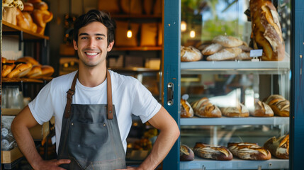 A confident young man with dark hair and blue eyes stands proudly at the entrance of his bakery, wearing an apron and smiling with his hands on his hips. Behind him, a display case showcases a variety - Powered by Adobe