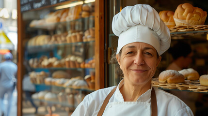 A middle-aged woman, adorned with a chef's hat, stands proudly at the entrance to her artisanal bakery, her face radiant with satisfaction. Behind her, shelves are adorned with an array of freshly 