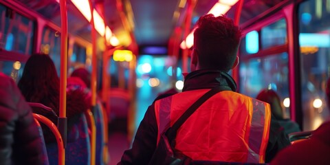 Fototapeta premium A passenger’s perspective during an evening commute on a city bus