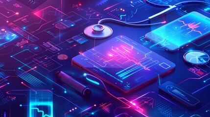 Technology background of telemedicine tools, featuring cyber colors and designed to enhance digital healthcare presentations