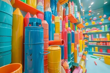 Colorful plastic toy blocks background. Cylindrical shape. Kindergarten, preschool, playroom...