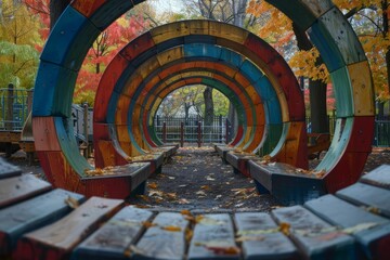 Colorful tunnel in the park with a bench.