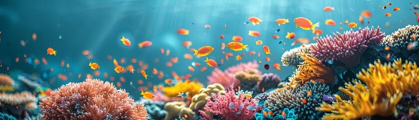 A closeup of a coral reef with microplastics embedded in the coral, showing the impact on underwater ecosystems