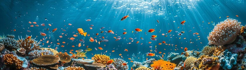 A closeup of a coral reef with microplastics embedded in the coral, showing the impact on underwater ecosystems