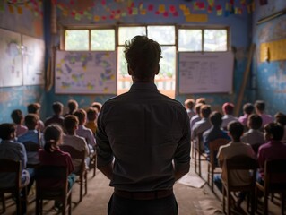 Obraz premium Teacher is giving a lesson to his students in the classroom.