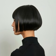 Rear view of a girl with short black hair, care and hair care concept 