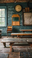 Fototapeta premium The interior of a vintage schoolhouse with wooden benches and desks, a chalkboard, and a clock on the wall.