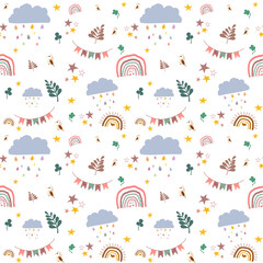 Children cute cloudy with rainbows ribbon, sun, moon, sunflower, monstera leaf on pastel color background seamless pattern. Design for children’s fabric, clothing, texture, textile, wrapping, blanket