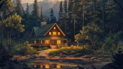 Obraz premium Illustration Depicting A Cozy Cabin Nestled In The Heart Of An Ancient Forest Surrounded By Towering Trees And A River