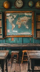 The photo shows a vintage classroom with wooden desks and chairs, a world map on the wall, and a blackboard.