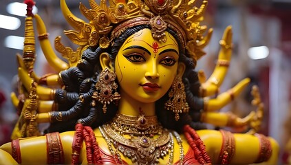 Close up of yellow colour Durga goddess idol with red clothing newly made at a workshop for the religious hindu festival. Indian Durga idol with jewellery and ... See More generate ai