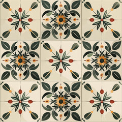 Discover a majolica pattern on tiles featuring leaves and chickpeas in a flat design style. The main colors of this vibrant pattern include white, beige, saffron, and green, creating a visually appeal