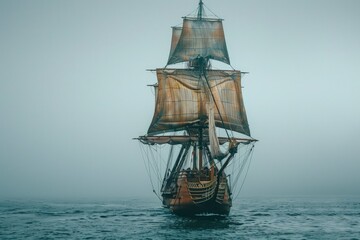 an old sailing ship in the ocean on a foggy day