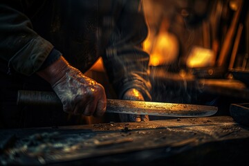 a man working on a piece of metal with a large knife